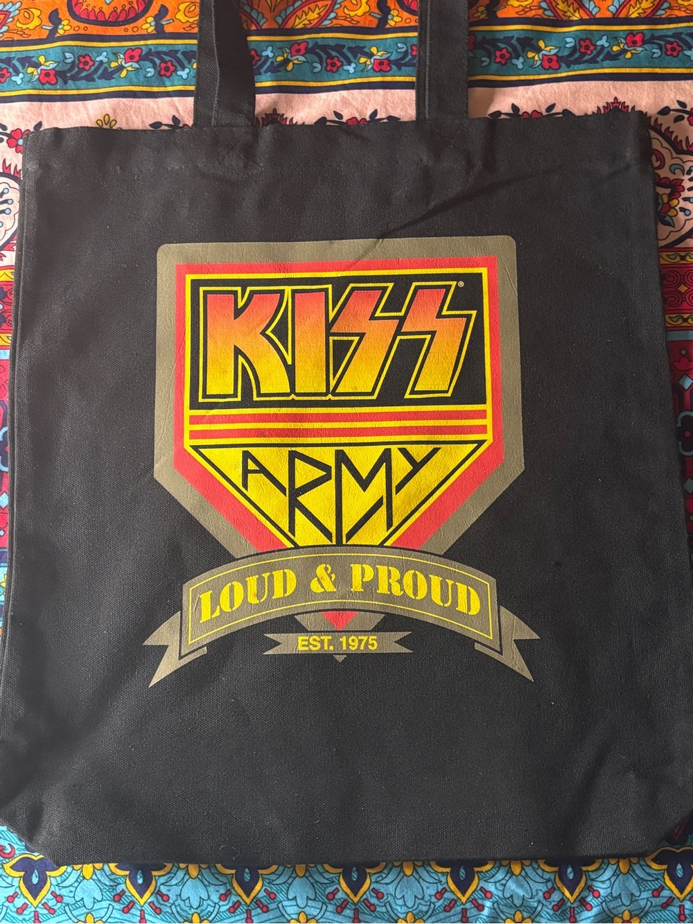 Kiss Black Tote Bag with Yellow and Red Graphic